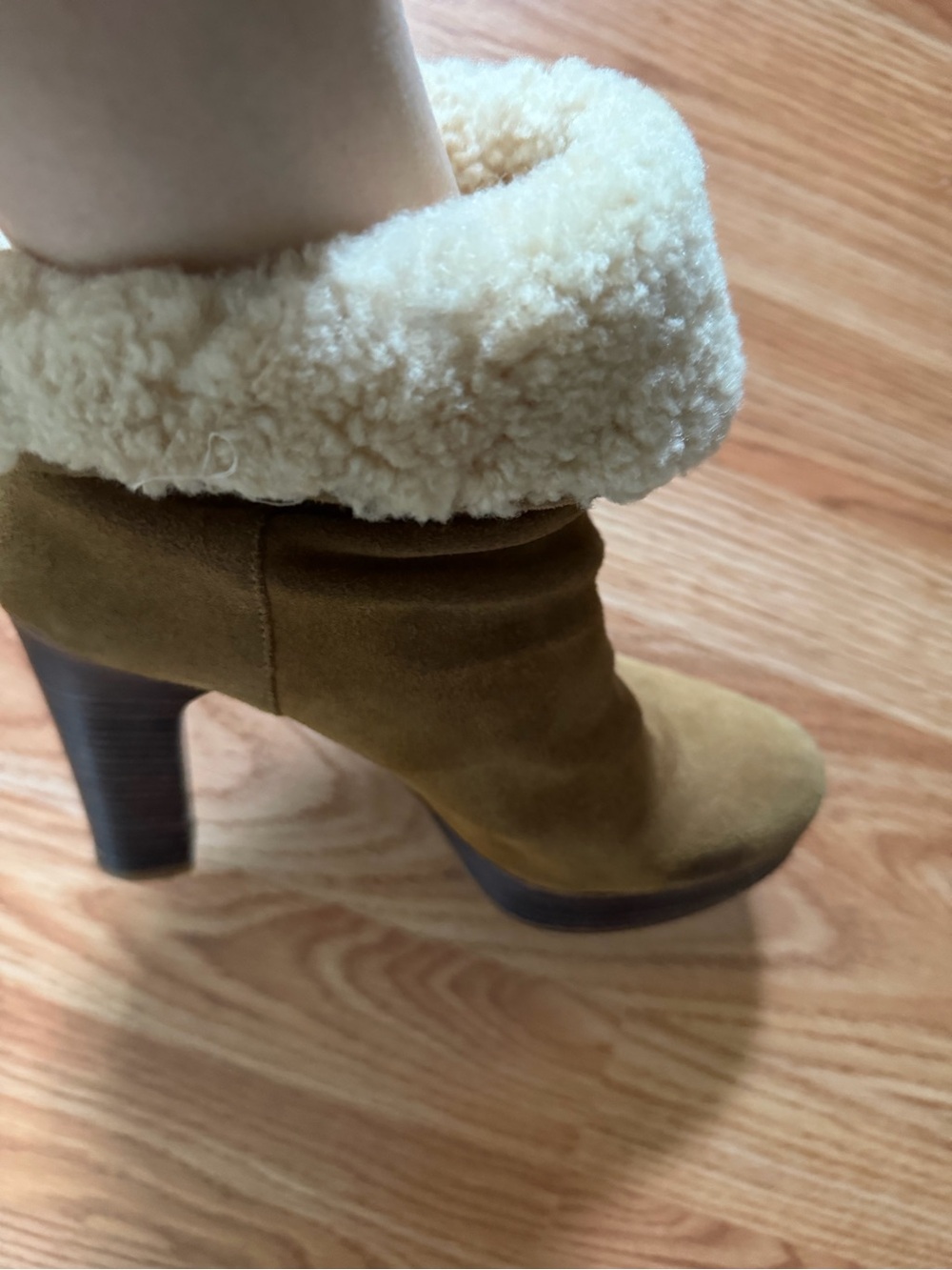 Women's Tan Suede Shearling Cuff High-Heel Ankle Boot